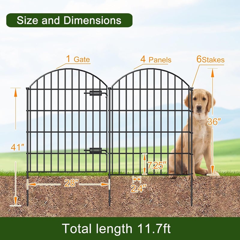 FOREHOGAR Metal Garden Fence with Gate 36in (H) x 11.7ft (L), 1 Gate+ 4 Panels Dog Fence Border Fence Animal Barrier, No Dig Garden Fencing for Yard Flower Bed Lawn Patio Outdoor, ECG3505, Black - Image 3